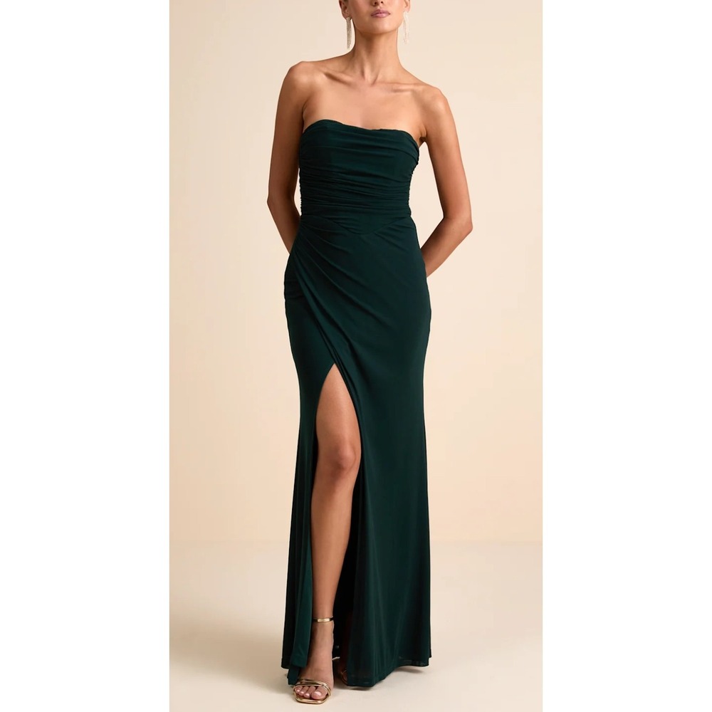 NWT Lulus Epitome of Allure Emerald Green Strapless Ruched Tulip Maxi Dress Sz S - Picture 1 of 8